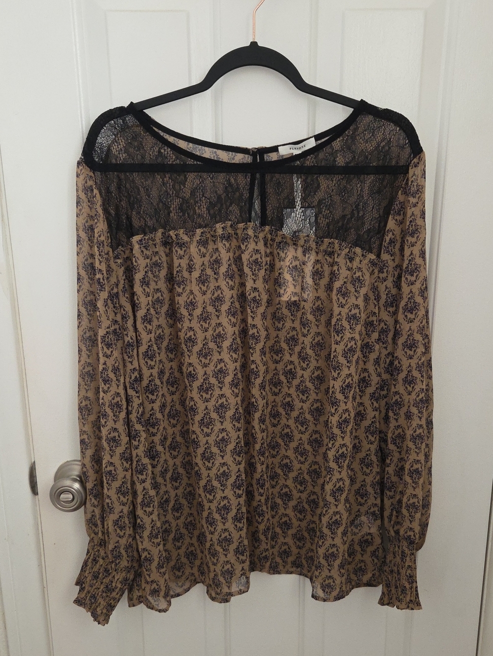 Pleione Taupe and Black Long Sleeve Lace Yoke top
